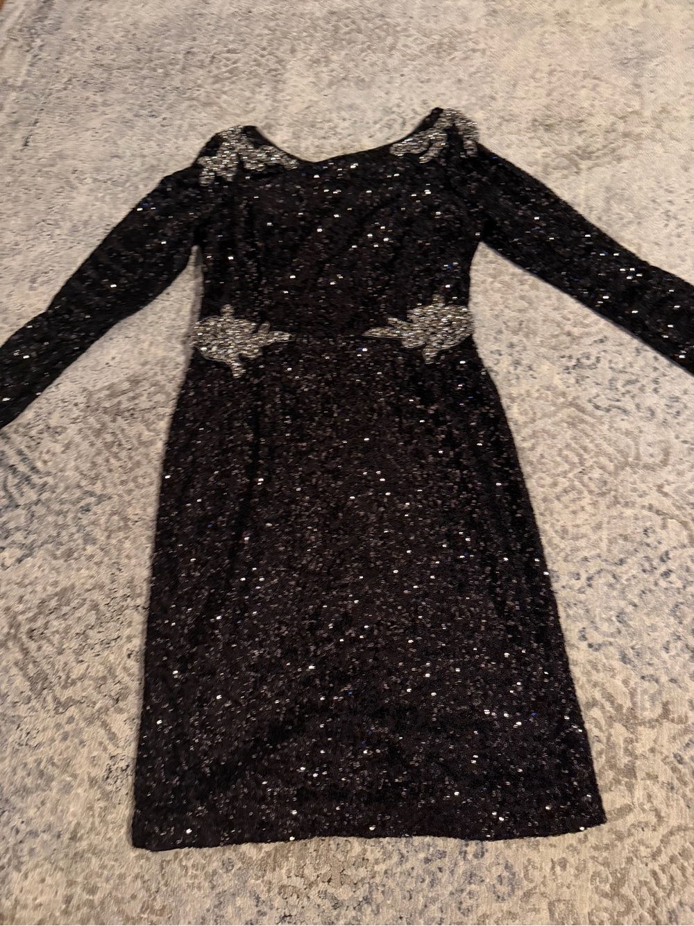 David Meister Black Sequin Long Sleeve Cocktail Dress with Silver Accents